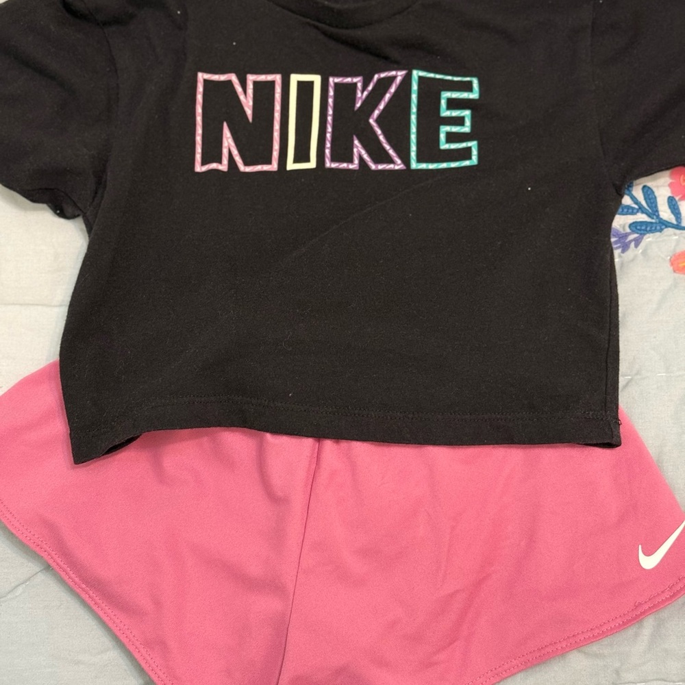 Nike Black Tee with Multicolor Logo and Pink Shorts